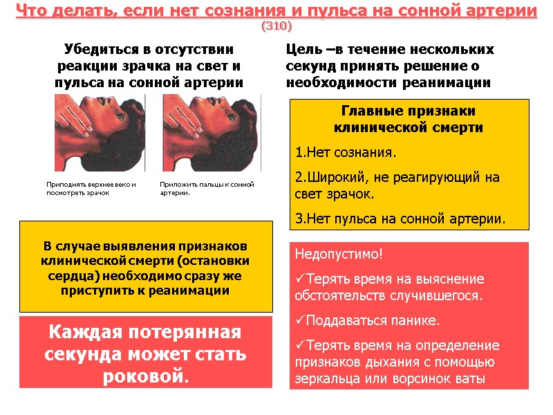 Что делать, если нет сознания и пульса на сонной артерии (310) Убедиться в отсутствии